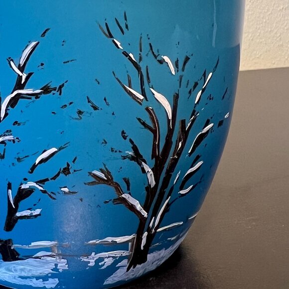 Hand Painted Turquoise Ceramic Cup w/ Snowy Winter Nature Scene by Ann Windell - Picture 8 of 11